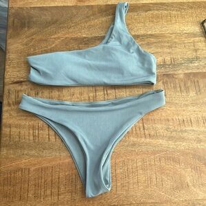 One shoulder bikini, cheeky bottoms. Dusty blue, size Medium